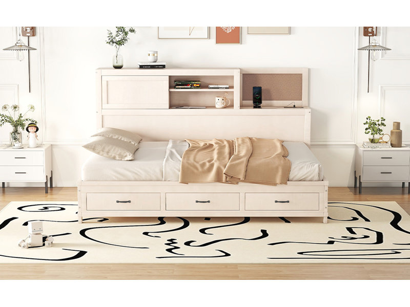 Lit de jour en bois pleine grandeur avec 3 tiroirs de rangement, tablette souple supérieure, tablette et ensemble de prises et ports USB, blanc