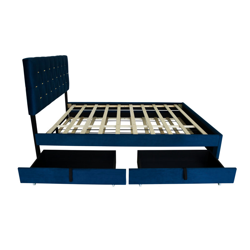Grand lit moderne bleu avec lit gigogne et rangement, revêtement en velours élégant, lattes robustes, assemblage facile, idéal pour les tiroirs de rangement multifonctionnels de la chambre principale, cadre, aucun sommier nécessaire