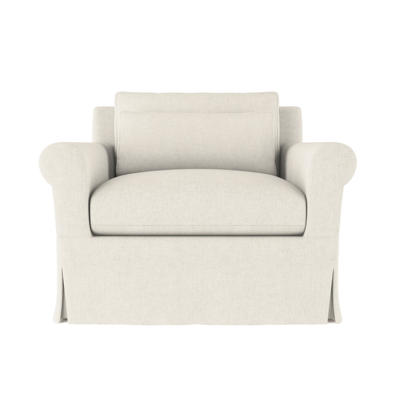 Transitional Skirted Chair, Box Weave Linen Alabaster, 34" H x 40" W x 38" D, Dark Brown