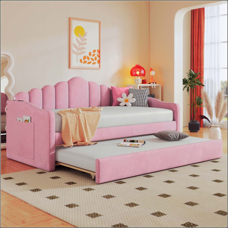 Upholstered Daybed With Trundle ,Velvet Sofabed With USB Charging Ports,No Box-Spring Needed, Pink