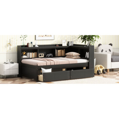 Twin L-Shaped Bookcases Bed, With 2 Drawers, Ports, Pine Construction Bed Bookcases, Power & , Reliable