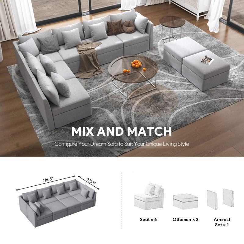 8 - Piece Upholstered Modular Corner Sectional With Storage Ottoman, Light Grey