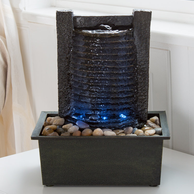 Indoor Fountain with LED Lights – Lighted Tabletop Water Feature with Stone Wall and Soothing Sound