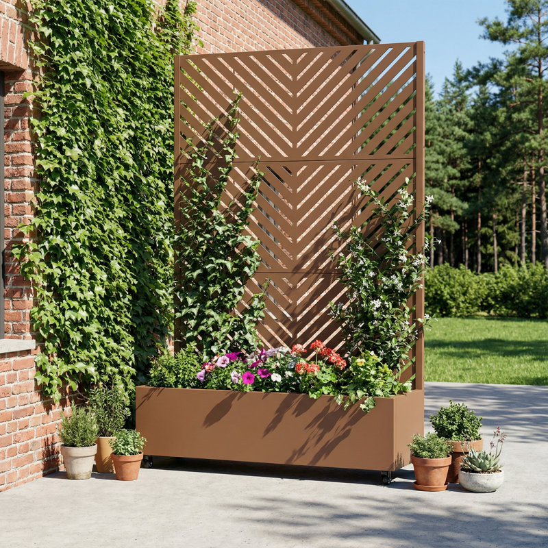 Metal Planter Box with Trellis with Wheels, 72" H x 47" W x 16" D, Brown