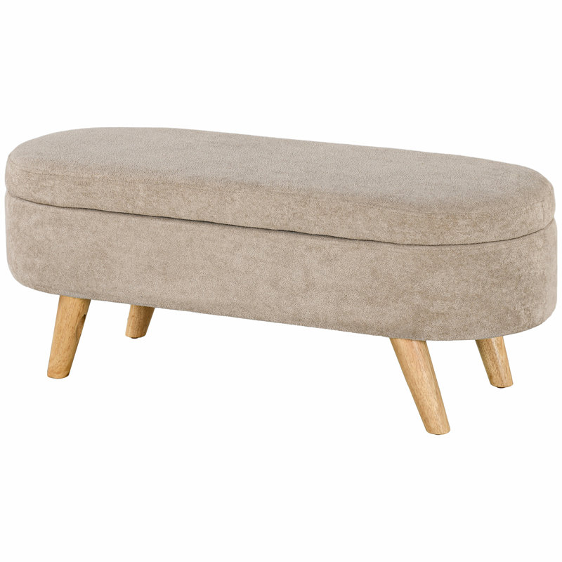 Storage Ottoman Bench, Teddy Fleece Upholstered End Of Bed Bench With Wood Legs And Padded Seat, Oval Modern Entryway Bench, Beige