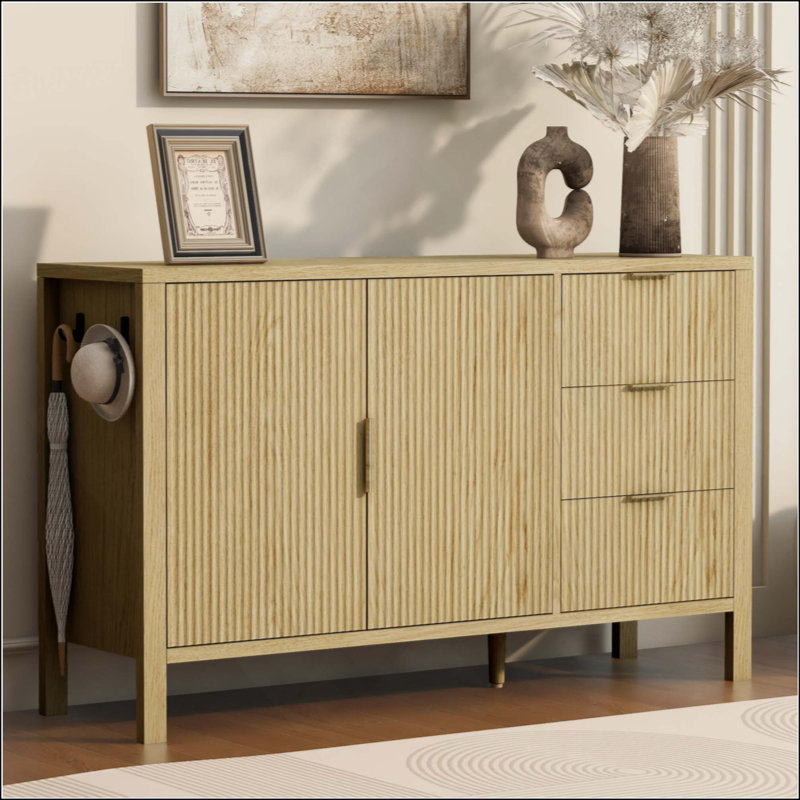 Buffet moderne à motif de vagues avec 3 tiroirs, grande armoire de rangement avec crochets et pieds centraux supplémentaires, convenant au salon, au vestibule et au couloir.