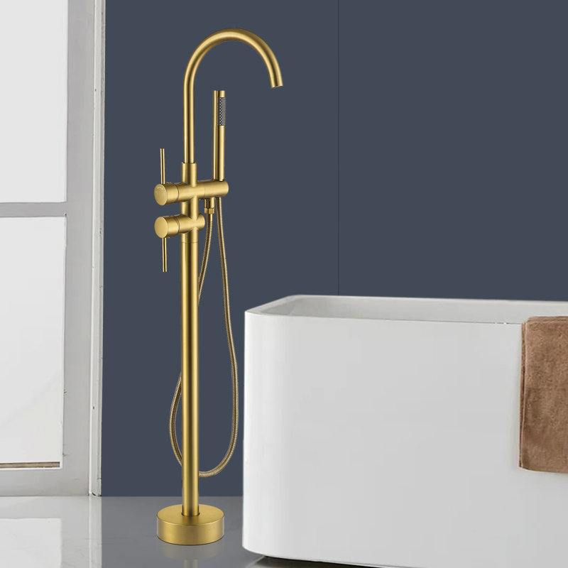Double Handle Floor Mounted Tub Filler With Handshower, Brushed Brass