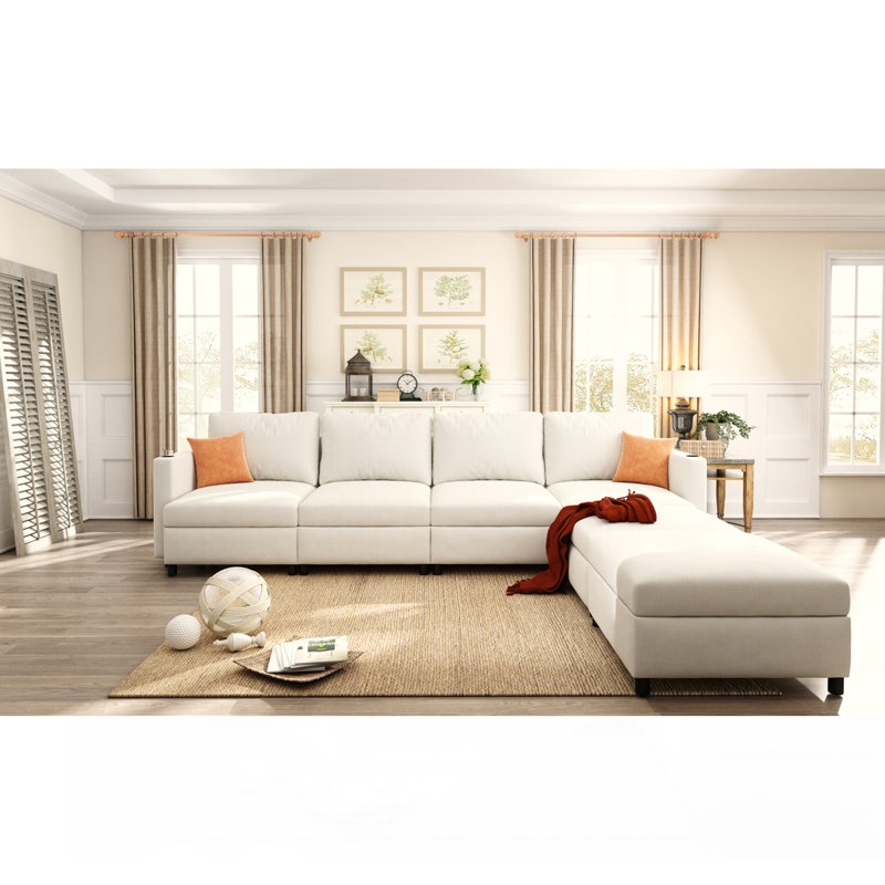 Tafariah 123.6'' U-shaped Sectional Upholstered Sofa, Antique White Chenille