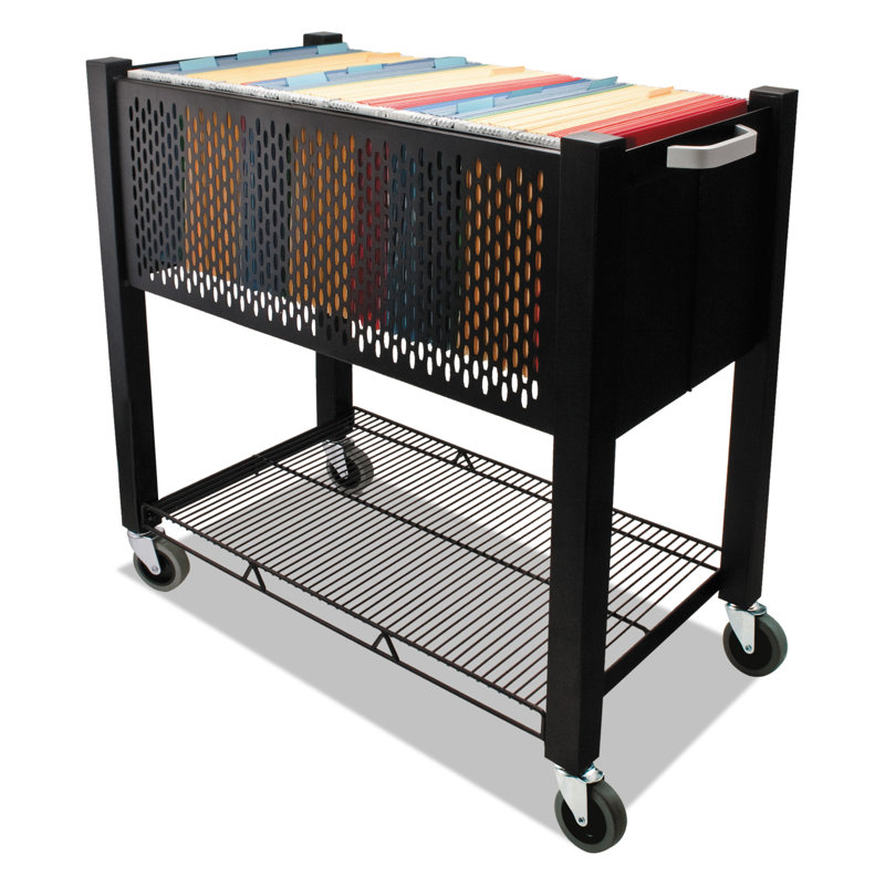Black Steel Mobile File Cart with Push Handle and Locking Wheels
