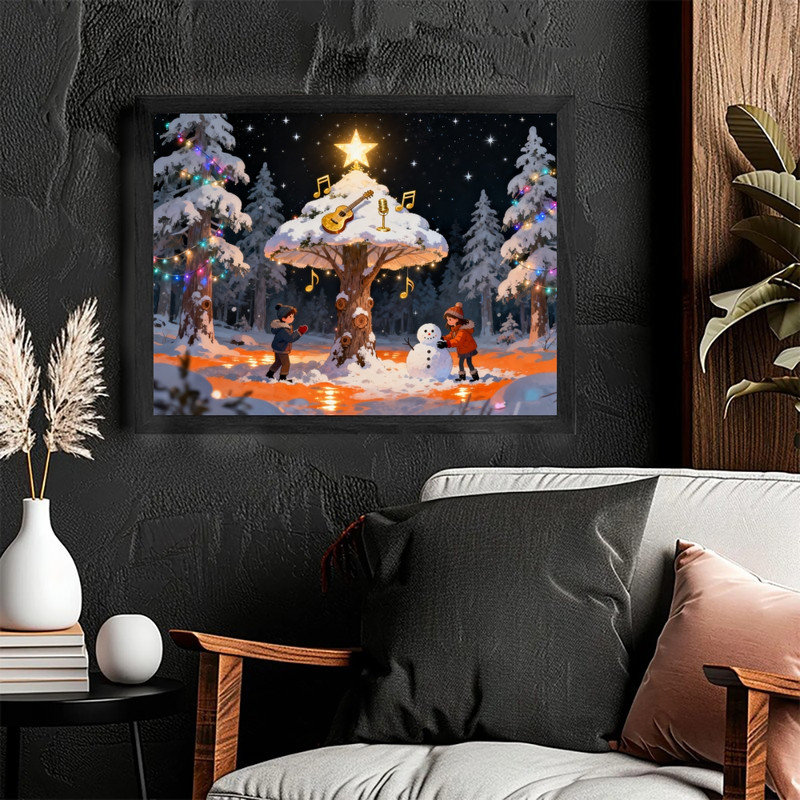 Art mural arbre de Noël fantaisiste noir encadré - Forêt enchantée enneigée, décorations festives, H 9 po x l 11 po