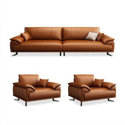 Ensemble de salon en cuir véritable orange 3 pièces