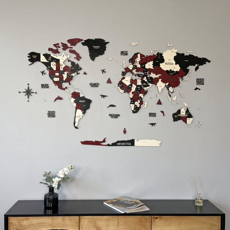 Carte 3D du monde en bois avec punaises, H 53,2 po x l 98,4 po x P 1 po, Bourgogne