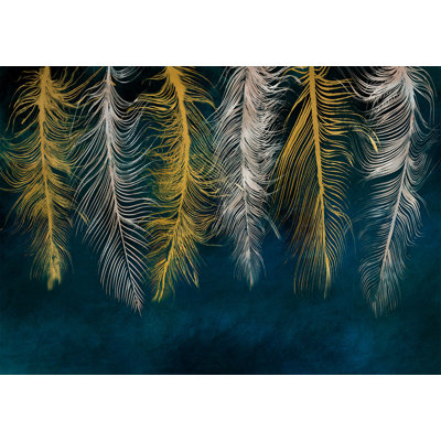 Papier peint abstrait avec plumes dorées