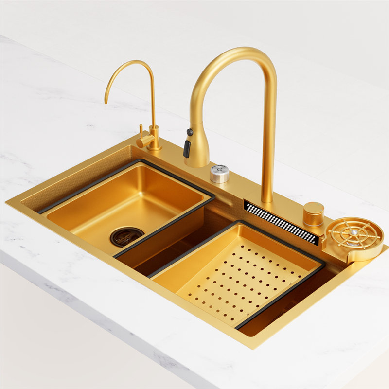 31.5 X 17.7 Inch Gold Premium 304 Black Stainless Steel Kitchen Sink Workstation Single Bowl Nano Coated Sink With Accessories & Soundproofing