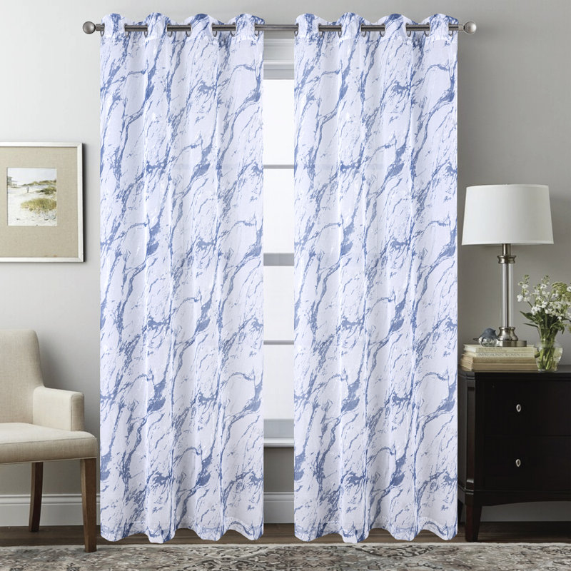 Marble Metallic Semi Sheer Window Curtain Panel, Blue, 54" W x 90" L