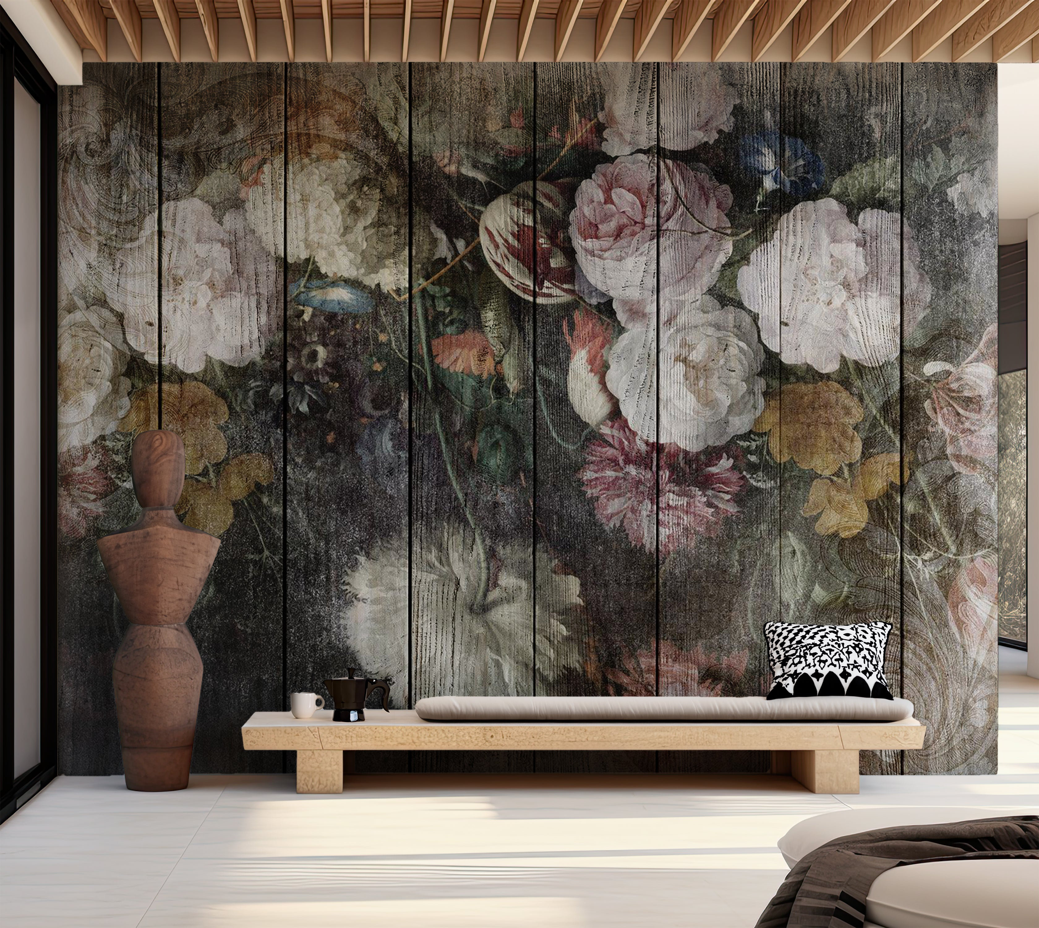 Lark Manor™ Floral Wallpaper Wall Mural - Vintage Flowers On Wood | Wayfair