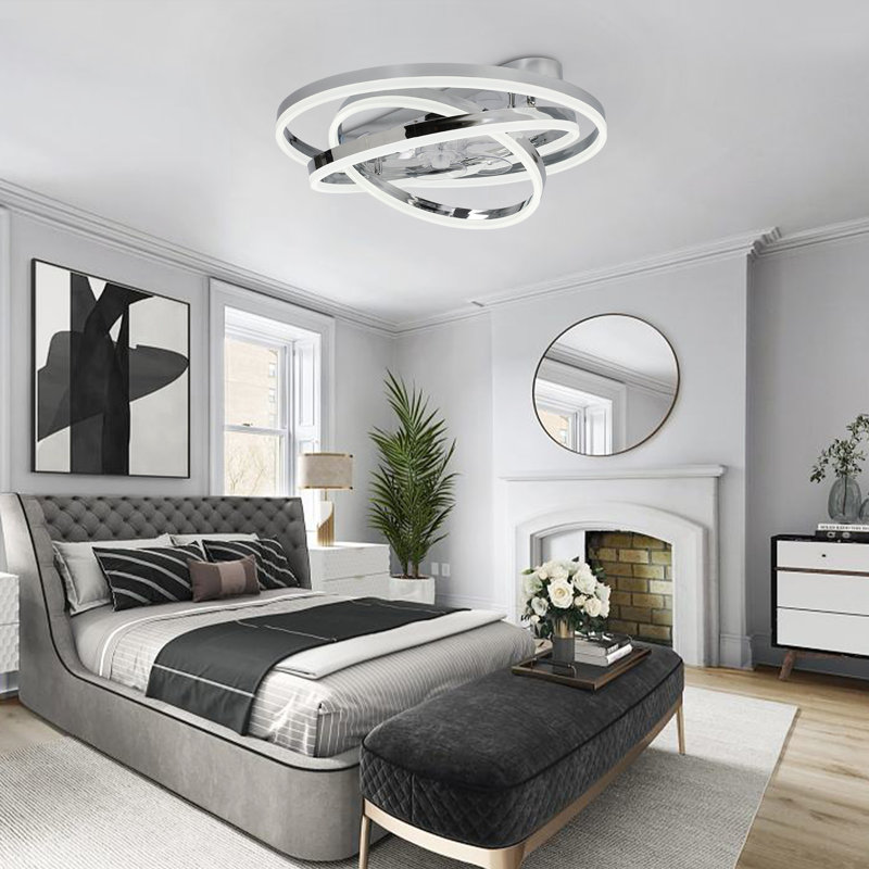 Hagensee 24" DIY Shade Modern Chrome Ceiling Fan with Light and Remote, Flush Mount Fandelier with DC Motor, Chrome