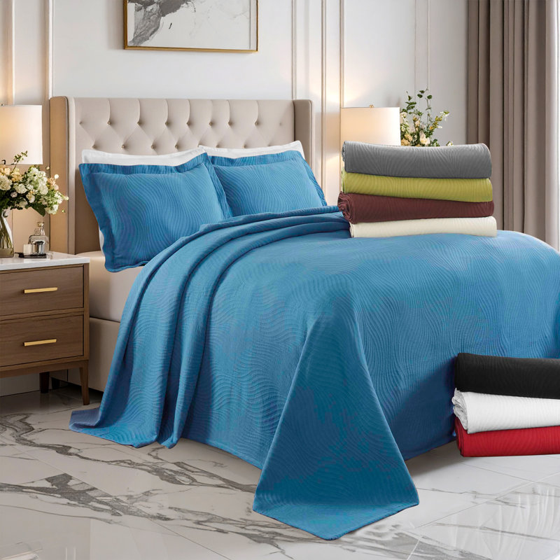 Couvre-lit toutes saisons avec taies décoratives en coton à motif de vagues de trois articles Superior, Bleu denim