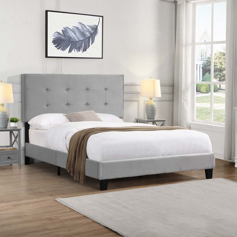 Velvet Upholstered Platform Bed Frame ,Wood Slat Support