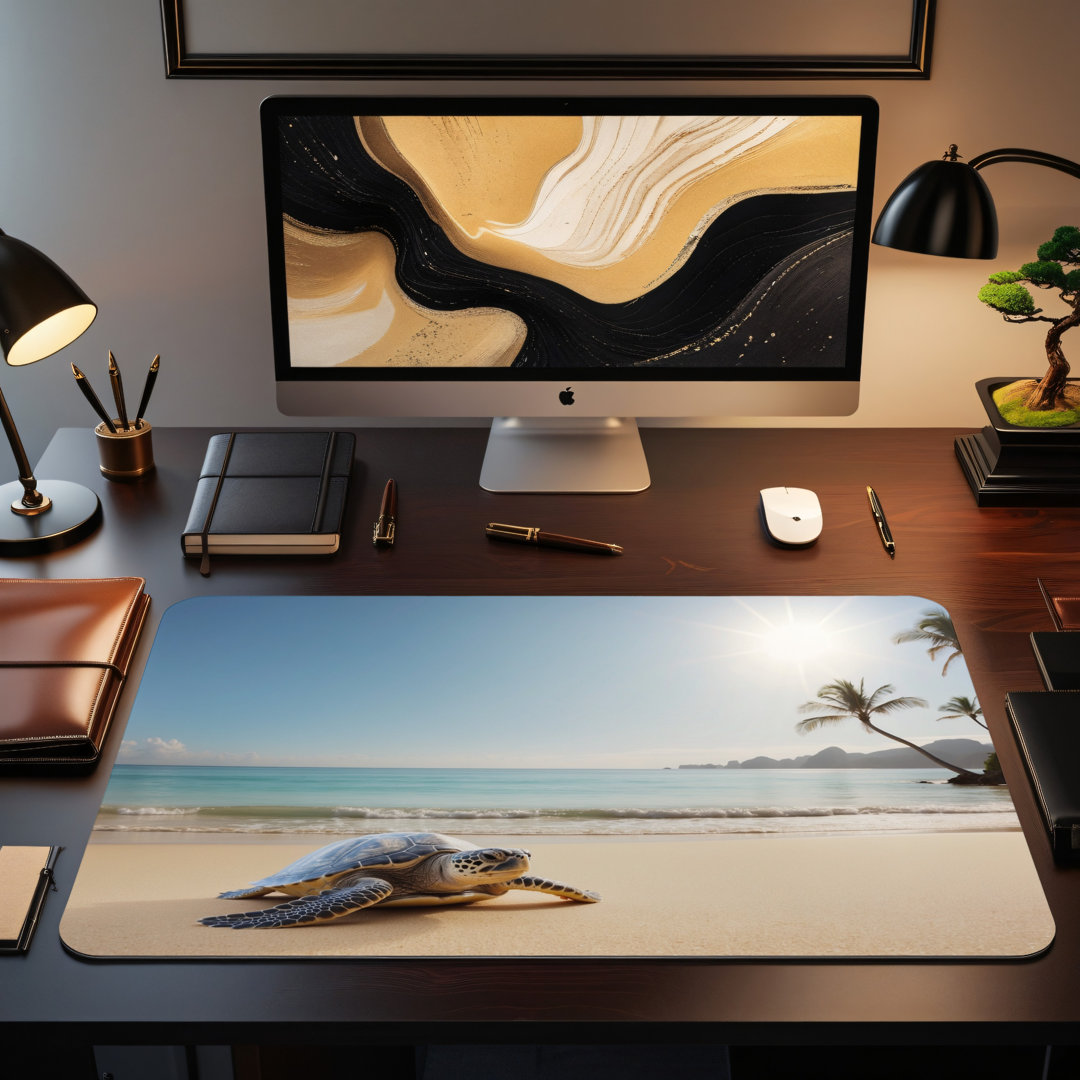Sea Turtle Beach Desk Mat, Ocean Tropical Island Mousepad, Palm Tree Nature Decor, Wildlife Gaming Mat, Sunny Paradise Office Accessory