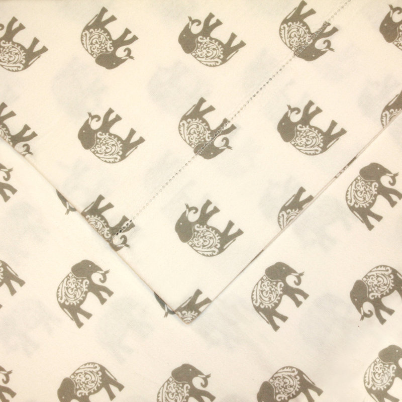 California King White Cotton Flannel Elephant Print Sheet Set
