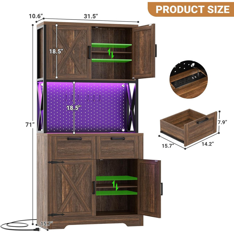 Armoire de cuisine de 71 po de hauteur avec comptoir pour micro-ondes, station de charge et lumières DEL, Brun / Noir