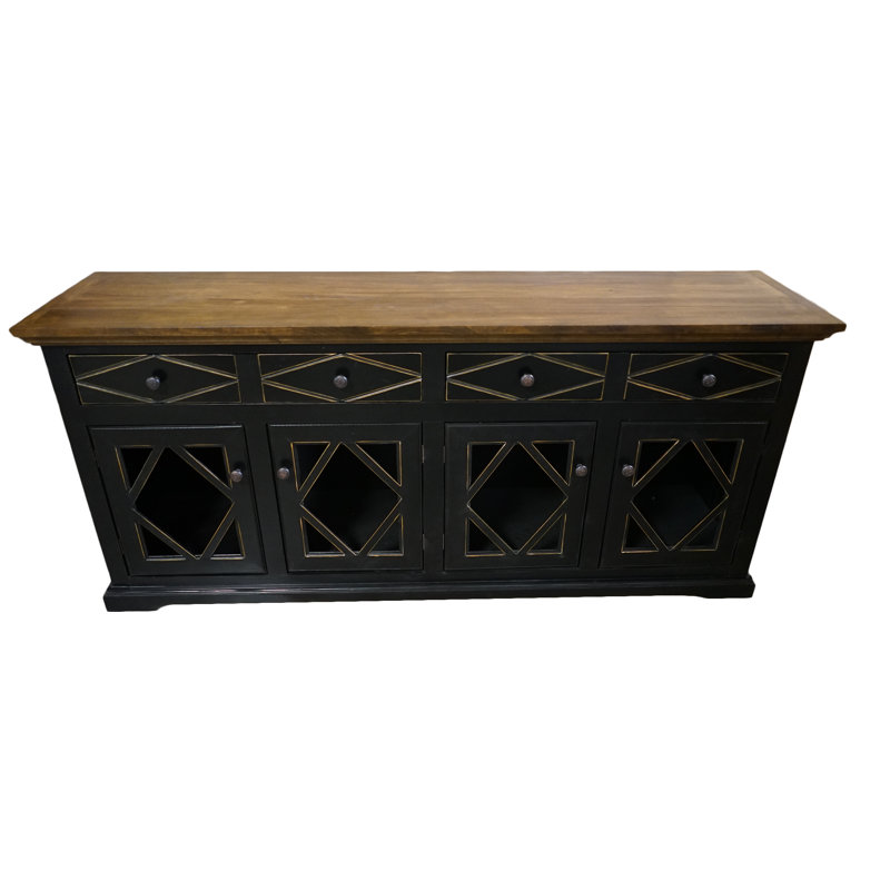 Buffet en peuplier massif 2 tiroirs Alzahra, Noir antique, Doré havane