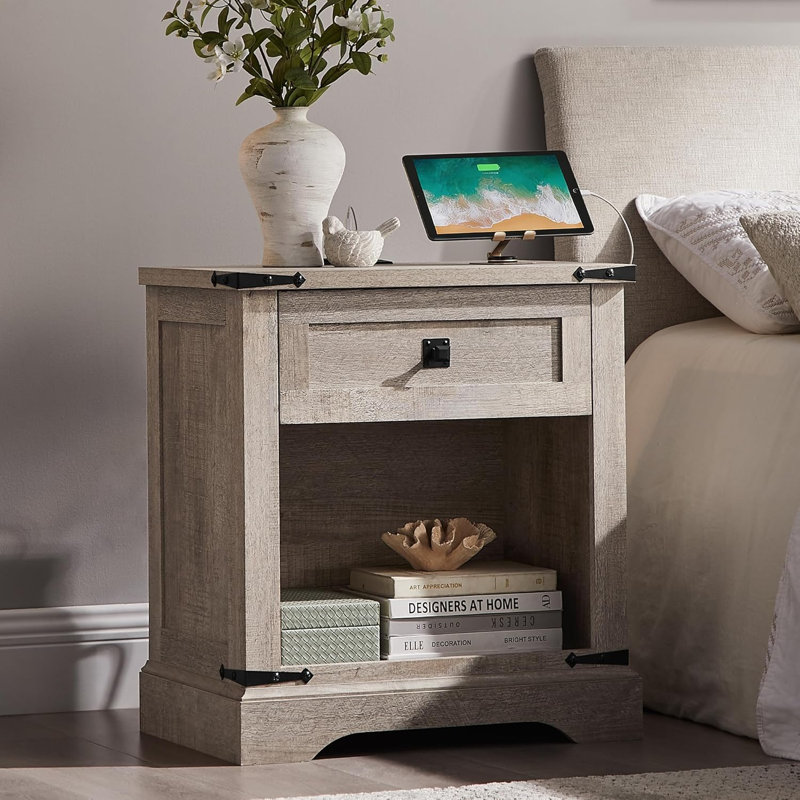 24" Farmhouse Nightstand With Charging Station, Rustic Weathered Wood Bedside Table With Drawer & Open Storage