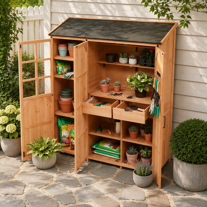  Topmax 60.6X19.3X71.6Inch Large Patio Garden Shed With Waterproof Roof, 3 Doors Storage Cabinet With Workstation, 7 Storage Shelves, 2 Drawers And 6 Hooks For Backyard