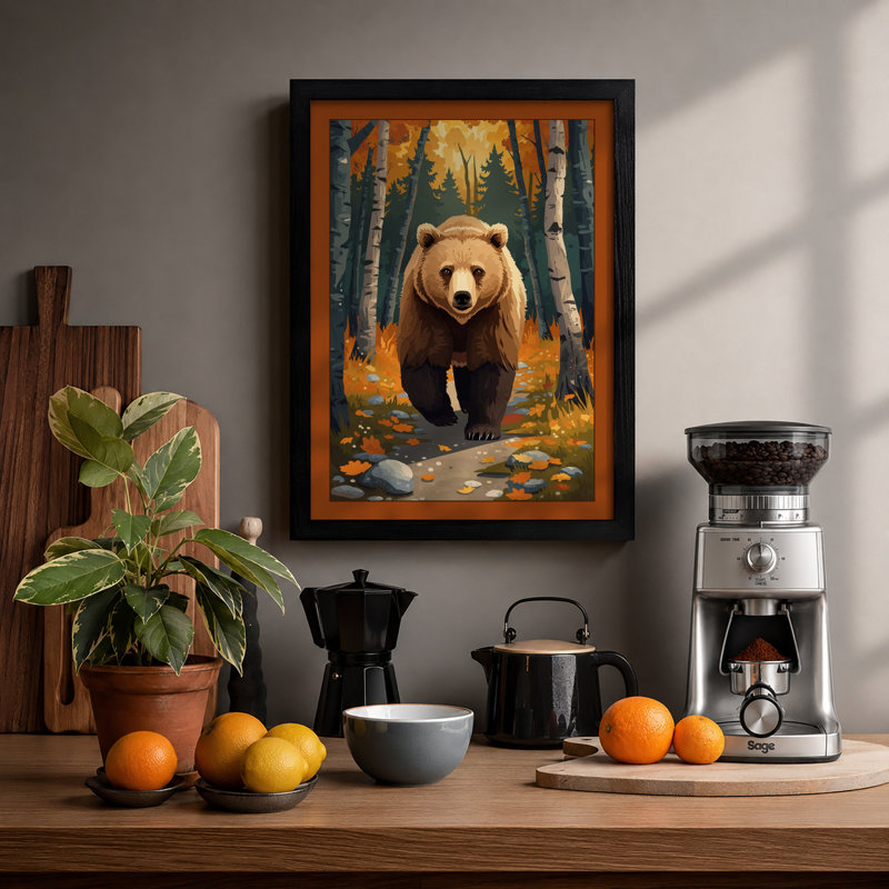 Bear Approaching Boho - Framed Print, A4 - 29.7 x 21.0 cm, Black