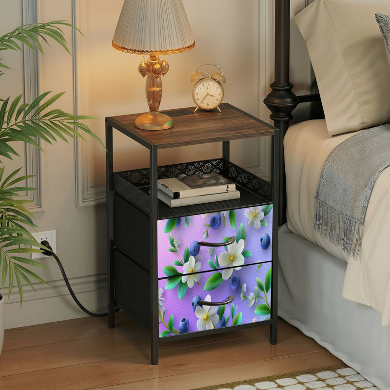 Table de chevet 2 tiroirs avec station de charge, table de chevet pour chambre avec ports USB, tablette ouverte noir