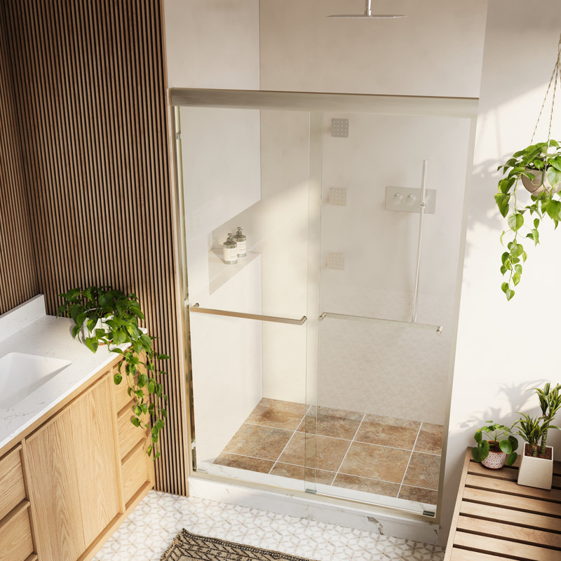 Porte de douche coulissante double de 44 à 48 po x H 72 po avec porte coulissante à double cadre avec verre trempé et barre de verre trempé et nickel brossé, nickel brossé