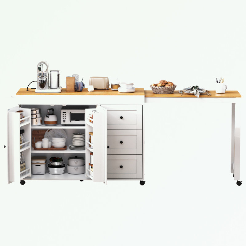 Kitchen Island with Extendable Dining Table, 3 Drawers and Power Outlet, White