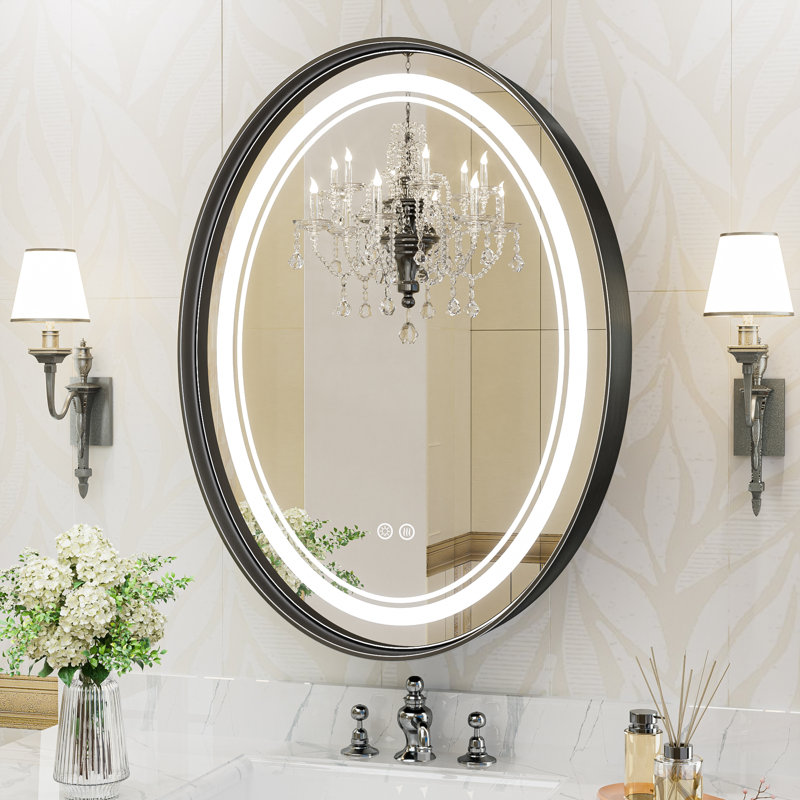 Vinia Oval LED Lighted Bathroom Vanity Mirror Dimmable and Anti-Fog Wall Mirror, 30" x 22", Black
