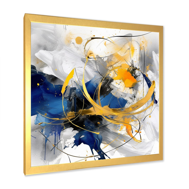 «Dark Blue and Gold Strokes», reproduction sur toile encadrée, H 24 po x l 24 po x P 1 po, Cadre photo unique, Doré