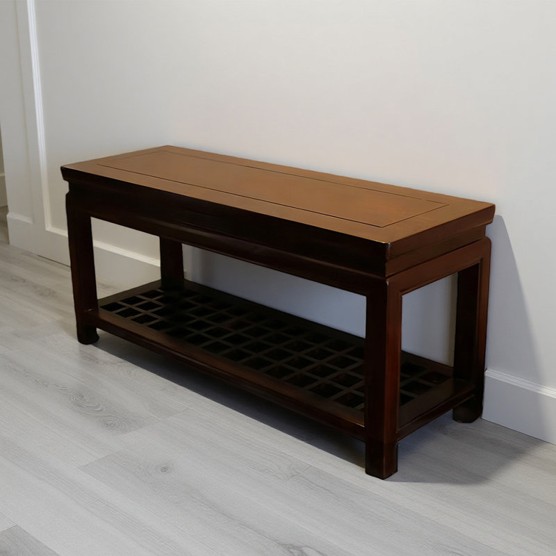 Nouveau banc de rangement en bois d'orme de style chinois pour le salon et l'entrée, Brun / Noir