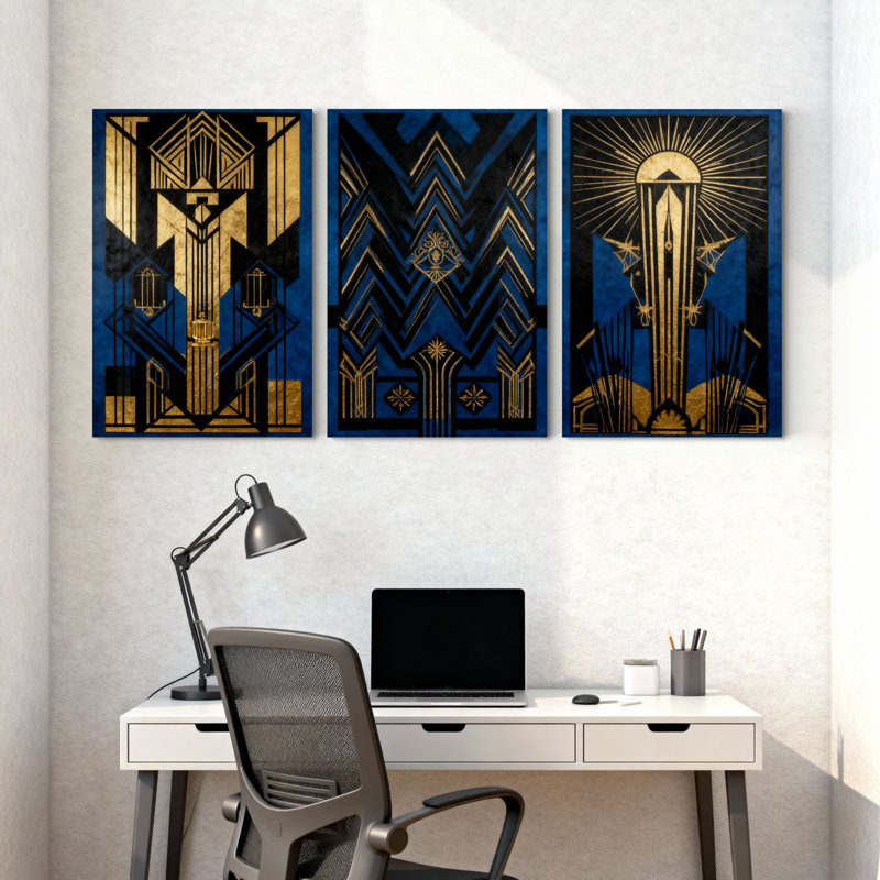 Abstrait art déco géométrique bleu et or, ensemble de 3 impressions murales sur toile, H 18 po x l 36 po