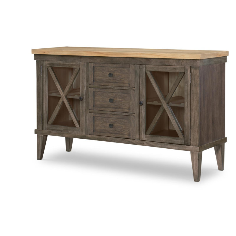 Server (2 Glass Doors w/ Puck Lighting, 2 ADJ/REV/REM Wine Shelves, 3 Drawers), Brown/Tan