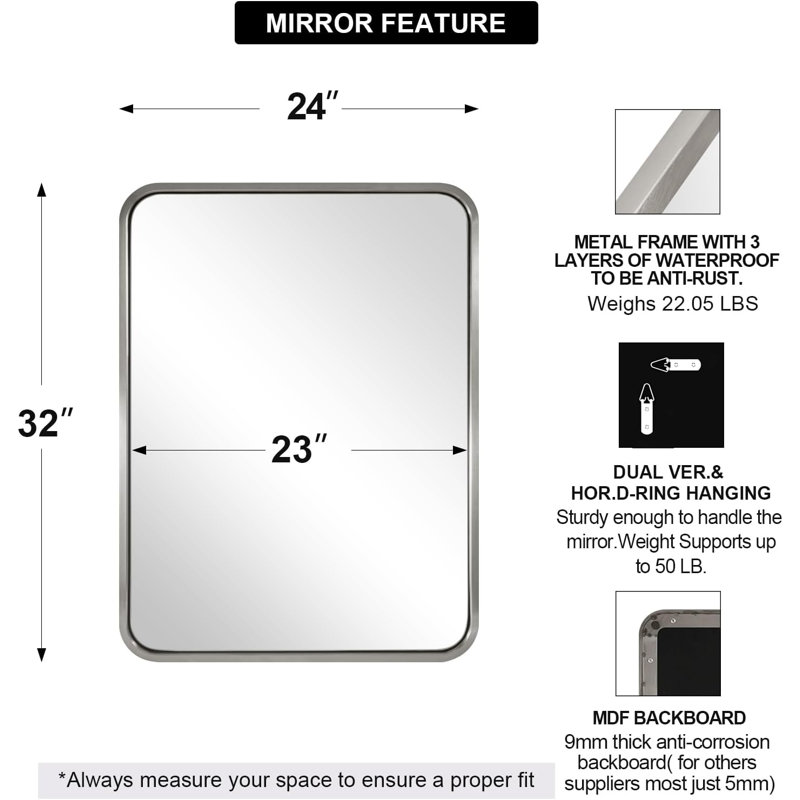 Miroir de salle de bain rectangulaire contemporain | Cadre épais en acier inoxydable, Nickel brossé, 32 po x 24 po