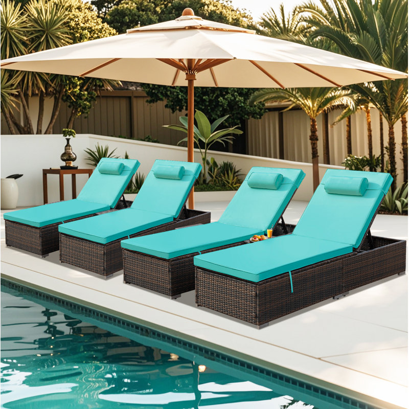  Outdoor Rattan Chaise Lounge Set of 2 with Reclining Backrest, Sidetable, Cushions & Head Pillows, Blue, 2