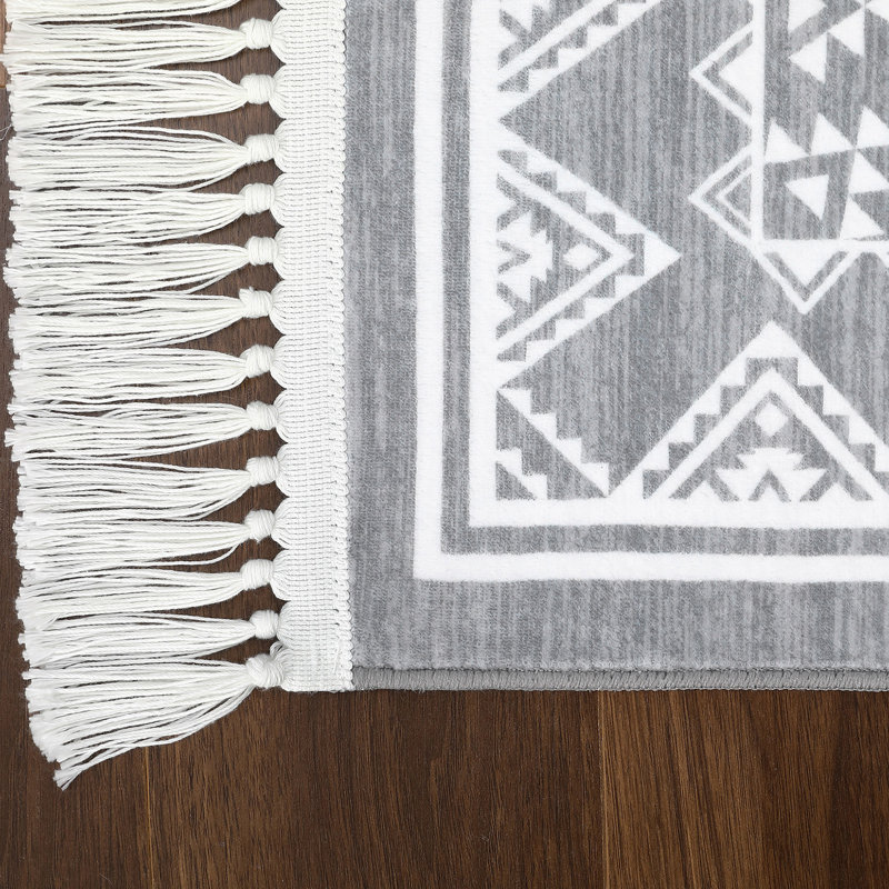 Tassel Area Rugs Washable Bordered Accent Carpet with Non-Slip Backing, Stain-Resistant Farmhouse Floor Cover, Soft Low Pile Indoor Mat for Bedroom, Living Room