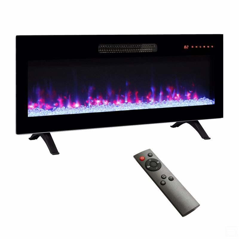 36 Inch Recessed Thin Tempered Glass Front Wall Mounted Electric Fireplace With Remote And Multi Color Flame & Emberbed, Led Light Heater