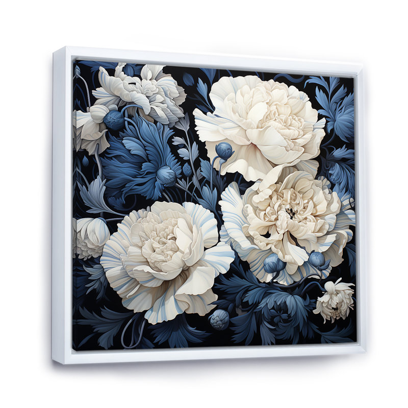 Arrangement d'œillets blanc et bleu IV sur toile, Cadre flottant blanc, H 16 po x l 16 po