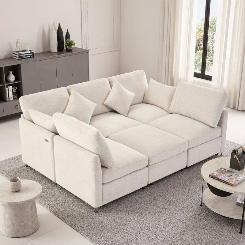 86.6" Modular Chenille Sectional Sofa Bed with Ottoman & USB Ports for Living Room, Beige, Beige Chenille