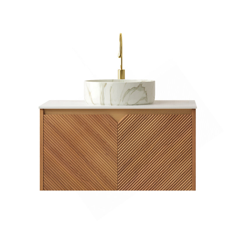 Meuble-lavabo et lavabo de salle de bain 30 po RUBEN, armoire de rangement flottante en contreplaqué, portes doubles en sergé avec garniture en métal, lavabo rond en céramique blanche à motif de pierre mat et plateau en pierre frittée, grain de bois de chêne brun