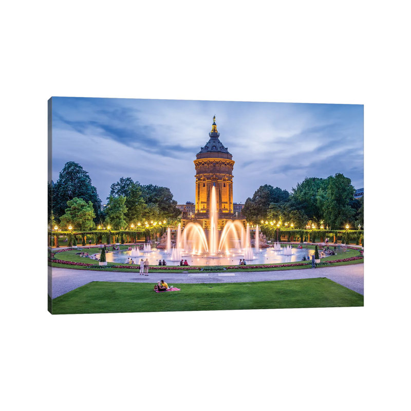 Mannheim Wasserturm And Friedrichsplatz Square At Night by Jan Becke - Wrapped Canvas Print, 66.04 cm H x 45.72 cm W