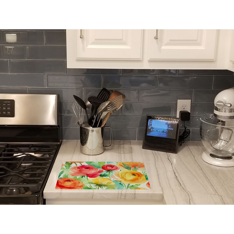 Ranunculus in Watercolor Glass Cutting Board Large