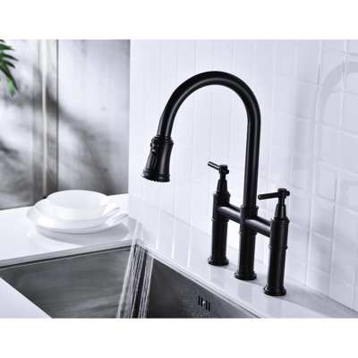 Matte Black Kitchen Pull-Down Faucet - Dual Handle Switch For Accurate Flow Control, 360-Degree Rotatable Nozzle, Quality Brass Build Bridge Style With Spray Fine And Temperature Regulation, Solid