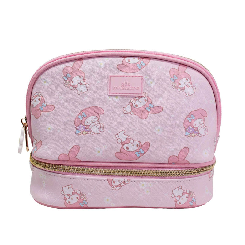 My Melody Double Layer Makeup Bag with Faux Saffiano Leather, My Melody Print Artwork and Gold Hardware, Top and Bottom Zippered Compartments