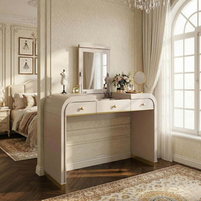 Coiffeuse classique en bois avec miroir rabattable, table de toilette 3 en 1 avec 2 tiroirs et espace de rangement pour chambre à coucher